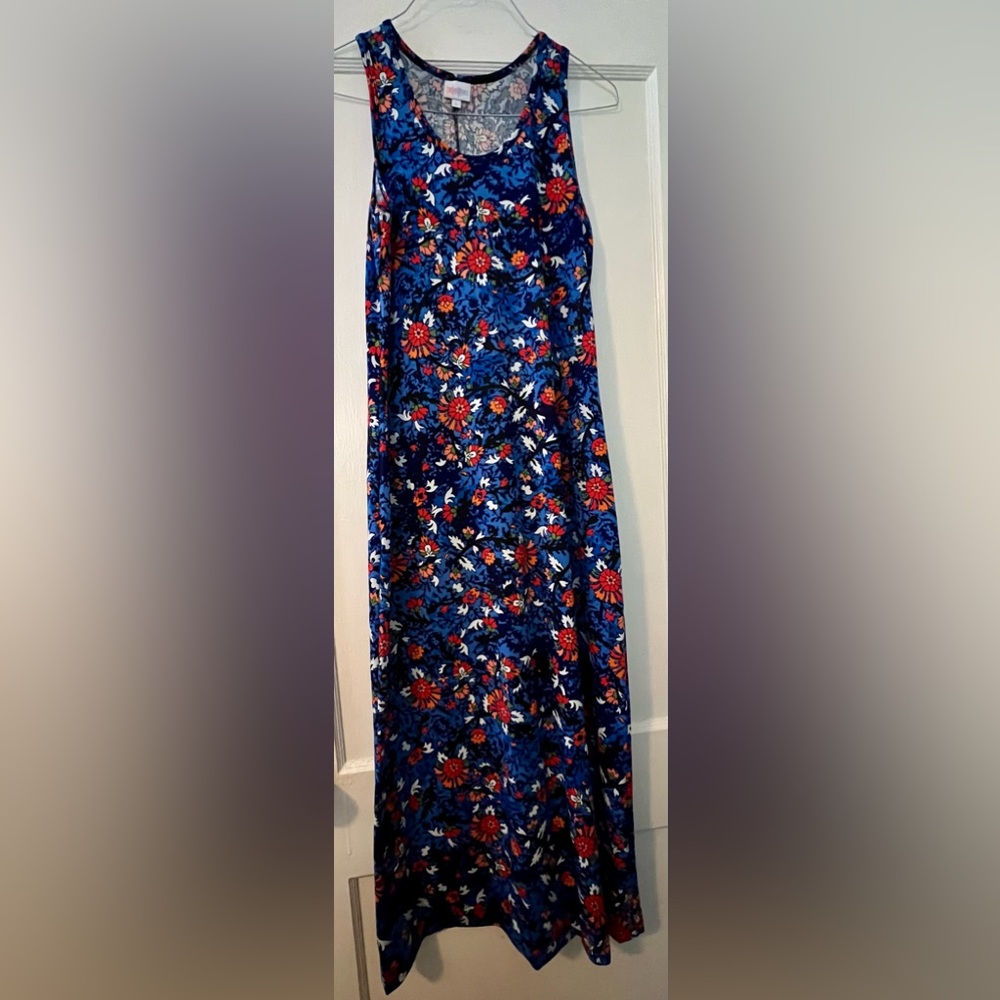 LuLaRoe Dani Floral Maxi Dress - Navy, Blue, Green, White, Orange, and Red.
